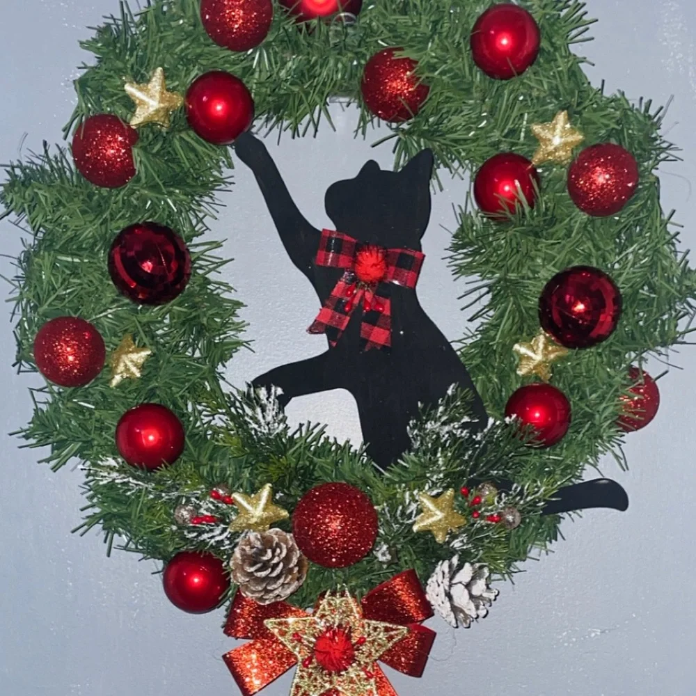 Custom Order Requests Cat playing with ornaments Christmas Wreath 18in